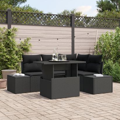 Set de canapea de grădină 5 piese cu perne Ratan Poly Negru GartenMobel Dekor