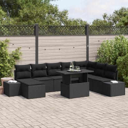 Set de canapele de grădină 9 piese cu perne Negru din ratan polimer GartenMobel Dekor