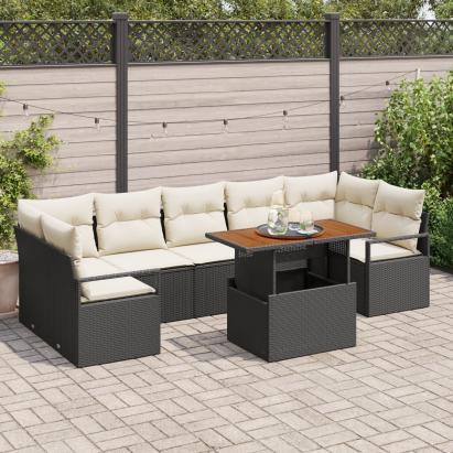 Set Canapea Grădină 8 Piese cu Perne Negru Poli Rattan, Canapea Grădină Două Locuri cu Spațiu De Depozitare & Perne Negru Poli Rattan GartenMobel Dekor