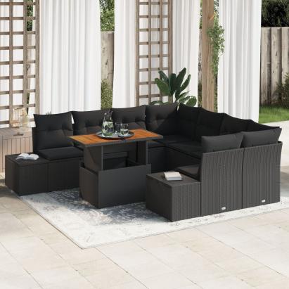 Set de 9 Piese de Sofa de Grădină cu Pernuțe Negru din Ratan Poly GartenMobel Dekor