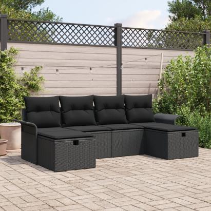 Set de canapele de grădină cu 6 piese și perne Negru Ratan Poli GartenMobel Dekor