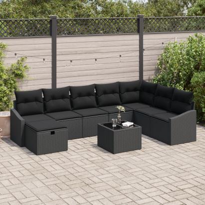 Set de canapea cu 9 piese cu perne Ratan poli negru GartenMobel Dekor