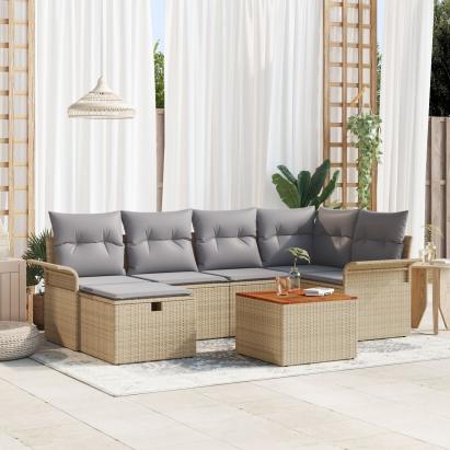 Set de 7 piese de sofa de grădină cu perne bej din ratan poli GartenMobel Dekor