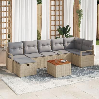 Set de sofa pentru grădină  cu 8 piese și perne din ratan bej poliester, Sofa de grădină cu 2 locuri  cu perne din ratan bej poliester GartenMobel Dekor