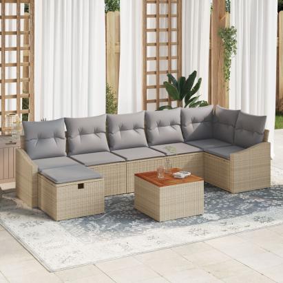 Set de 8 piese de sofa pentru grădină cu perne Bej din ratan poliesteric GartenMobel Dekor