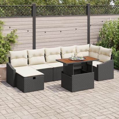 Set Canapea Grădină 8 Piese cu Pernă Ratan Poly Negru GartenMobel Dekor