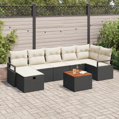 Set de sofa pentru grădină  de 8 piese cu perne negru ratan poli, Sofa grădină cu două locuri  cu depozitare și perne negru ratan poli GartenMobel Dekor
