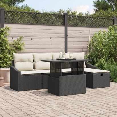 Set Canapea Grădină cu 6 Piese cu Perne Negru Ratan PE GartenMobel Dekor