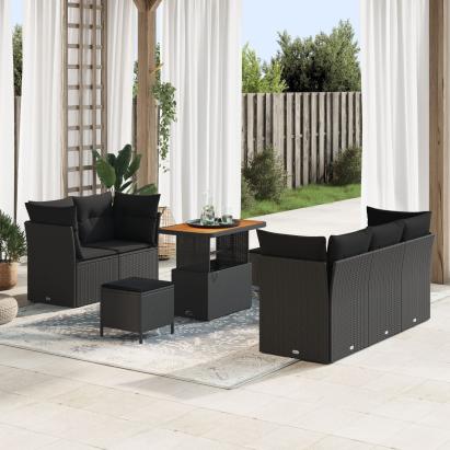 Set de Sofa de Grădină  cu 8 Piese și Perne Negru Poliratan Acacia, Set de Dining de Grădină  cu 3 Piese și Perne Negru Poliratan Acacia GartenMobel Dekor