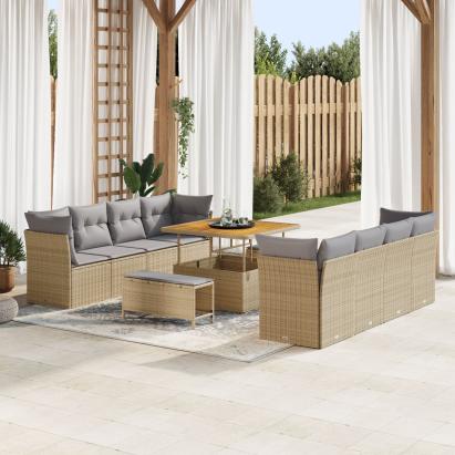 Set Sofa de Grădină  cu Perne Bej din Ratan Poli Acacia, Set de Mese de Grădină  cu Perne Bej din Ratan Poli Acacia GartenMobel Dekor