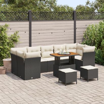 Set de Sofa de Grădină  cu 10 Piese cu Pernă Neagră Ratan Poly Acacia, Set de Dining de Grădină  cu 3 Piese cu Pernă Neagră Ratan Poly Acacia GartenMobel Dekor