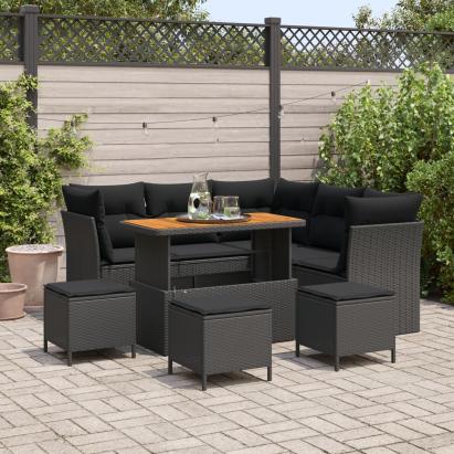 Set canapea de grădină cu 8 piese, perne din ratan poli negru și acacia,  Set de dining de grădină cu 3 piese, perne din ratan poli negru și acacia GartenMobel Dekor