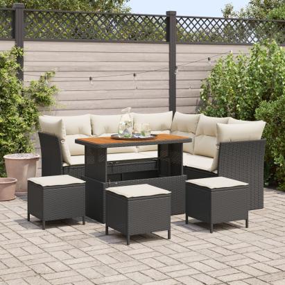Set canapea de grădină  8 piese cu perne negru poliratan acacia, Set de dining pentru grădină  3 piese cu perne negru poliratan acacia GartenMobel Dekor