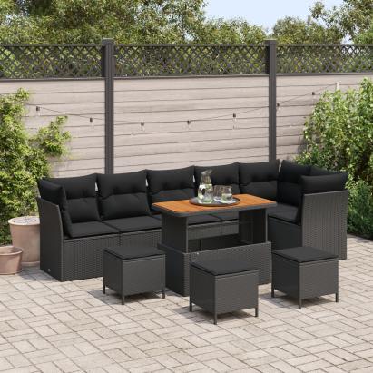 Set de 9 piese de sofa pentru grădină cu pernuțe Negru Ratan Poli Acacia, Set de 3 piese pentru masă în grădină cu pernuțe Negru Ratan Poli Acacia GartenMobel Dekor
