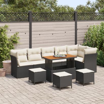 Set de Canapea pentru Grădină de 9 Piese cu Perne Ratan Negru Acacia, Set de Dining pentru Grădină de 3 Piese cu Perne Ratan Negru Acacia GartenMobel Dekor
