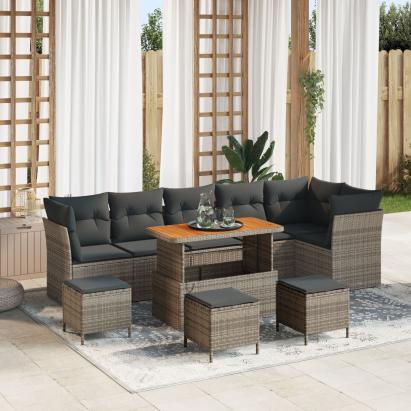 Set de sofa de grădină vitaXL 9 piese cu perne gri din poliratan acacia, Set de dining vitaXL 3 piese cu perne gri din poliratan acacia GartenMobel Dekor