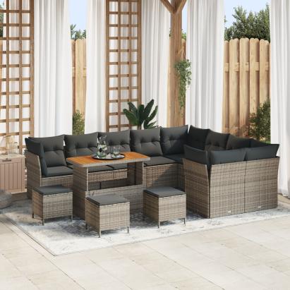 Set canapele grădină cu 13 piese și perne Gri Ratan sintetic Acacia,  Set de dining pentru grădină cu 4 piese și perne Gri Ratan sintetic Acacia GartenMobel Dekor