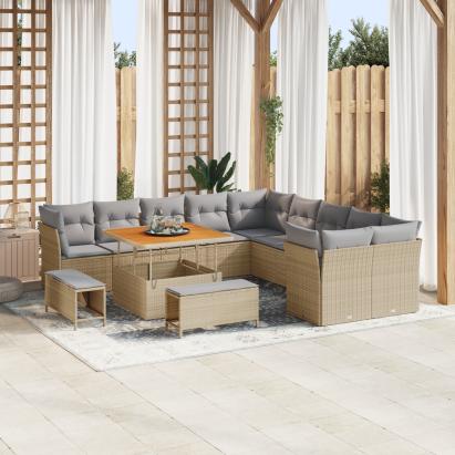 Set de Sofa pentru Grădină  13 Piese cu Perne Bej Poliratan Acacia, Set de Dining pentru Grădină  3 Piese cu Perne Bej Poliratan Acacia GartenMobel Dekor