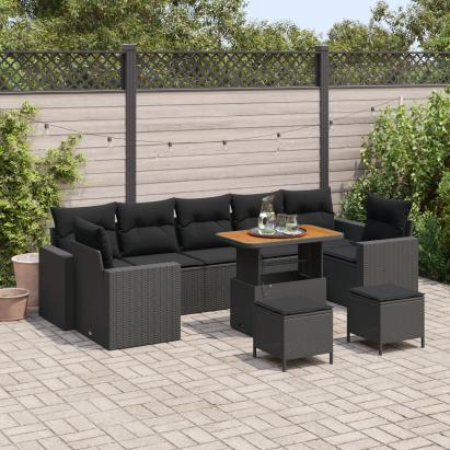 Set de Sofa pentru Grădină cu 10 Piese și Pernițe din Poliratan Negru Acacia, Set de Dining pentru Grădină cu 3 Piese și Pernițe din Poliratan Negru Acacia GartenMobel Dekor