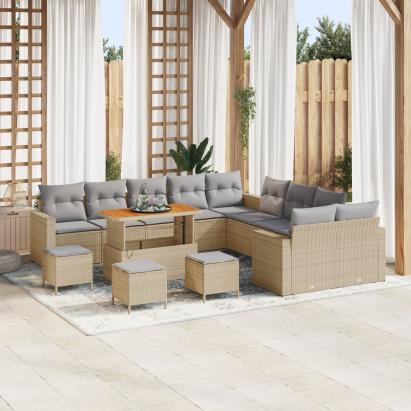 Set canapea grădină  13 piese cu perne Bej Rattan Poliester Acacia, Set dining grădină  3 piese cu perne Bej Rattan Poliester Acacia GartenMobel Dekor