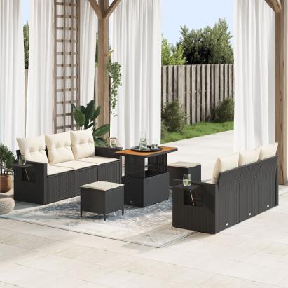 Set canapea grădină  9 piese cu perne Negru Poliratan Acacia, Set dining grădină  3 piese cu perne Negru Poliratan Acacia GartenMobel Dekor