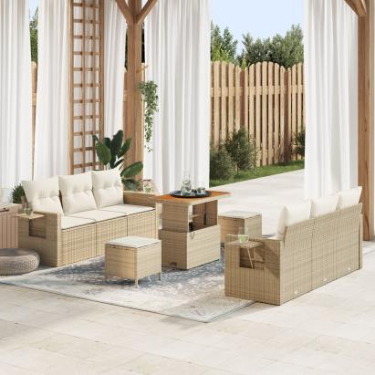 Set de sofa  9 piese cu perne Bej Ratan Poli Acacia, Set de dining 3 piese  pentru grădină cu perne Bej Ratan Poli Acacia GartenMobel Dekor