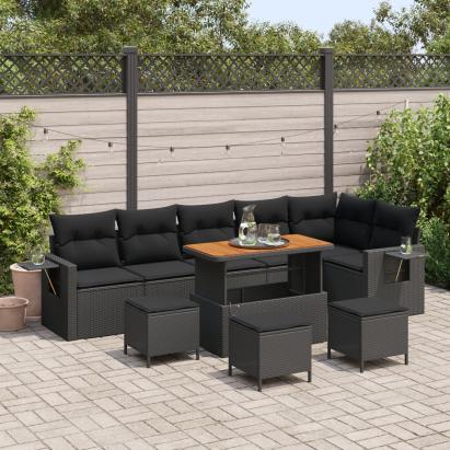 Set de sofa pentru grădină de 9 piese cu perne din ratan poli negru și acacia,  Set de dining pentru grădină de 3 piese cu perne din ratan poli negru și acacia GartenMobel Dekor