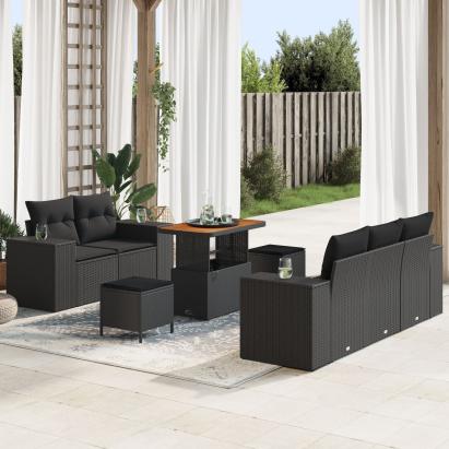 Set Sofa Grădină  8 Piese cu Perne Negru Poliratan Acacia, Set Dining Grădină  3 Piese cu Perne Negru Poliratan Acacia GartenMobel Dekor