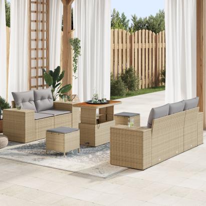 Set canapea grădină  8 piese cu perne Bej Ratan Poly Acacia, Set dining grădină  3 piese cu perne Bej Ratan Poly Acacia GartenMobel Dekor