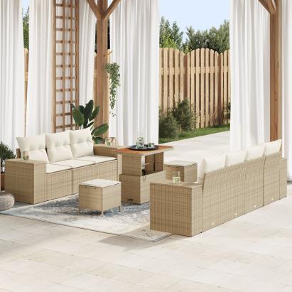 Set canapele grădină  cu perne 10 piese Bej Rattan Poli Acacia, Set dining grădină  cu perne 3 piese Bej Rattan Poli Acacia GartenMobel Dekor
