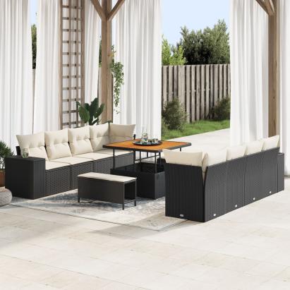 Set de 11 Piese Canapea de Grădină cu Perne Negru Ratan Polimeric Acacia, Set de 3 Piese pentru Dining în Grădină cu Perne Negru Ratan Polimeric Acacia GartenMobel Dekor