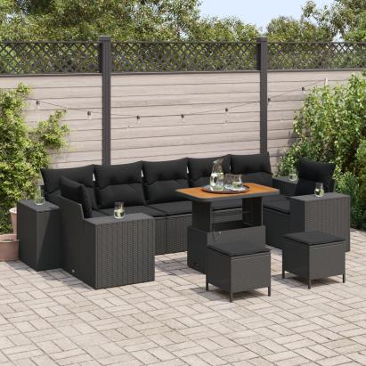 Set de Canapea Grădină  cu 10 Piese și Perne Ratan Negru Acacia, Set de Dining Grădină  cu 3 Piese și Perne Ratan Negru Acacia GartenMobel Dekor