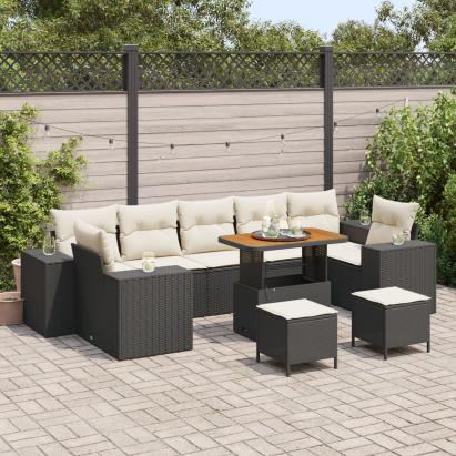 Set de canapele de grădină  10 piese cu perne Ratan poli negru Acacia, Set de dining de grădină  3 piese cu perne Ratan poli negru Acacia GartenMobel Dekor