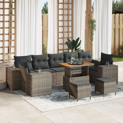 Set canapea de grădină din 10 piese cu perne gri din ratan poli acacii,  Set de dining din 3 piese pentru grădină cu perne gri din ratan poli acacii GartenMobel Dekor