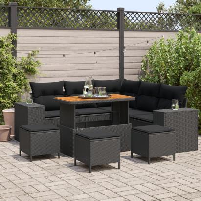 Set canapele grădină  cu perne, Ratan poli negru, Acacia, Set dining grădină  cu perne, Ratan poli negru, Acacia GartenMobel Dekor