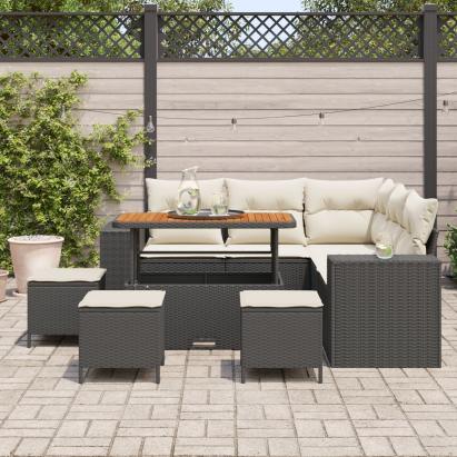 Set de Canapea de Grădină cu 9 Piese și Perne Ratan Negru Acacia, Set de Dining de Grădină cu 4 Piese și Perne Ratan Negru Acacia GartenMobel Dekor