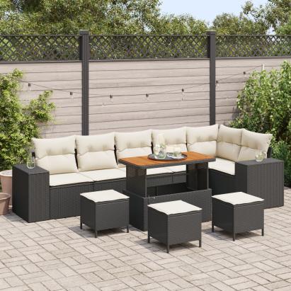Set de Canapea Grădină  9 Piese, Ratan Negru, Acacia cu Perne, Set Dining Grădină  3 Piese, Ratan Negru, Acacia cu Perne GartenMobel Dekor