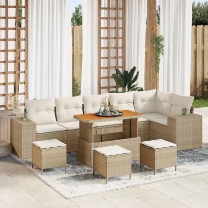 Set de Sofa de Grădină  din 9 Piese cu Perne Bej din Poliratan Acacia, Set de Dining de Grădină  din 3 Piese cu Perne Bej din Poliratan Acacia GartenMobel Dekor