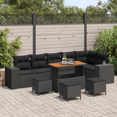 Set de Canapele pentru Grădină  cu 9 Piese, Negru, Ratan, Acacia, cu Perne, Set de Dining pentru Grădină  cu 3 Piese, Negru, Ratan, Acacia, cu Perne GartenMobel Dekor
