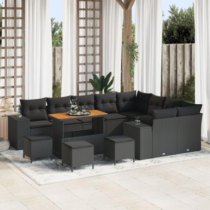 Set canapea pentru grădină  cu 12 piese și perne Negru Ratan Poli Acacia, Set de 3 piese pentru dining în grădină  cu perne Negru Ratan Poli Acacia GartenMobel Dekor