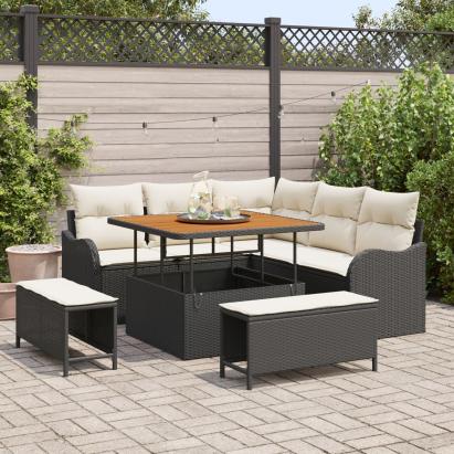 Set de sofa pentru grădină  cu 8 piese și perne Negru Poliratan Acacia, Sofa pentru grădină  cu 2 locuri și perne Negru Poliratan, Set de dining pentru grădină  cu 3 piese și perne Negru Poliratan Acacia GartenMobel Dekor