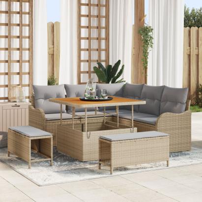 Set Sofa Grădină  8 Piese cu Pernițe Bej Poliratan Acacia, Sofa Grădină  2 Locuri cu Pernițe Bej Poliratan, Set de Cină Grădină  3 Piese cu Pernițe Bej Poliratan Acacia GartenMobel Dekor