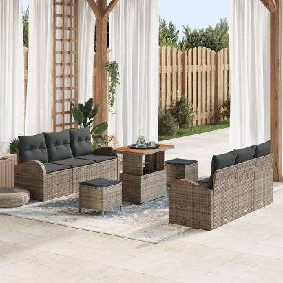 Set de sofa pentru grădină  cu perne gri din ratan poliester acacia, Sofa pentru grădină  cu 2 locuri și perne gri din ratan poliester, Set de dining pentru grădină  cu 3 piese și perne gri din ratan poliester acacia GartenMobel Dekor