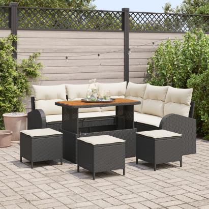 Set Canapea Grădină 8 Piese cu Pernă Ratan Poli Negru Acacia, Canapea Grădină cu Pernă 2 Locuri Ratan Poli Negru, Set Dining Grădină 3 Piese cu Pernă Ratan Poli Negru Acacia GartenMobel Dekor