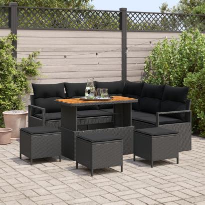 Set de Sofas pentru Grădină cu Perne 8 Piese Negru Poliratan Acacia,  Sofa de Grădină cu Perne pentru 2 Persoane Negru Poliratan,  Set de Dining pentru Grădină cu Perne 3 Piese Negru Poliratan Acacia GartenMobel Dekor