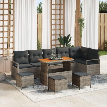 Set de Canapea pentru Grădină  cu 9 Piese și Perne Gri Rattan Polimeric Acacia, Canapea pentru Grădină  cu 2 Locuri și Perne Gri Rattan Polimeric, Set de Masă pentru Grădină  cu 3 Piese și Perne Gri Rattan Polimeric Acacia GartenMobel Dekor