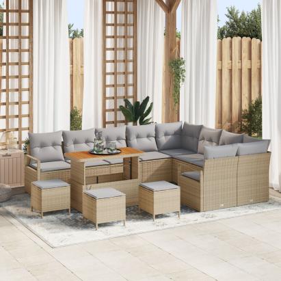 Set de sofa pentru grădină cu 13 piese cu perne bej din ratan poliester și acacia,  Set de dining pentru grădină cu 4 piese cu perne bej din ratan poliester și acacia,  Sofa de grădină cu 2 locuri cu perne bej din ratan poliester GartenMobel Dekor