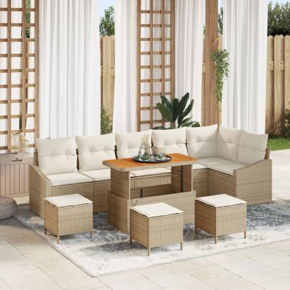 Set de sofa de grădină  cu 10 piese cu perne Bej Poliratan Acacia, Sofa de grădină  cu 2 locuri cu perne Bej Poliratan, Set de dining pentru grădină  cu 4 piese cu perne Bej Poliratan Acacia GartenMobel Dekor