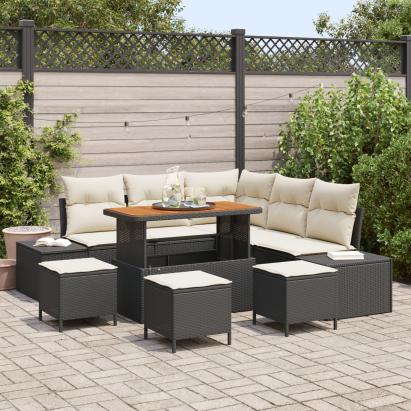 Set canapea grădină  cu 8 piese și perne Negru Poli Ratan Acacia, Canapea grădină  2 locuri și perne Negru Poli Ratan, Set dining grădină  3 piese și perne Negru Poli Ratan Acacia GartenMobel Dekor