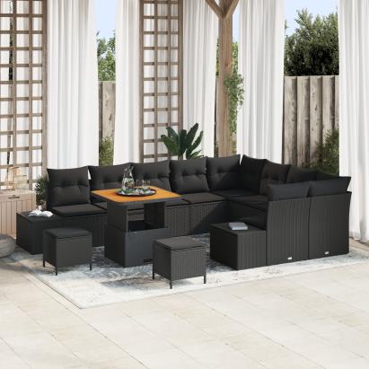 Set de Sofa de Grădină cu 12 Piese cu Perne Negru Poliratan Acacia,  Set de Dining de Grădină cu 3 Piese cu Perne Negru Poliratan Acacia,  Sofa de Grădină cu 2 Locuri cu Perne Negru Poliratan GartenMobel Dekor